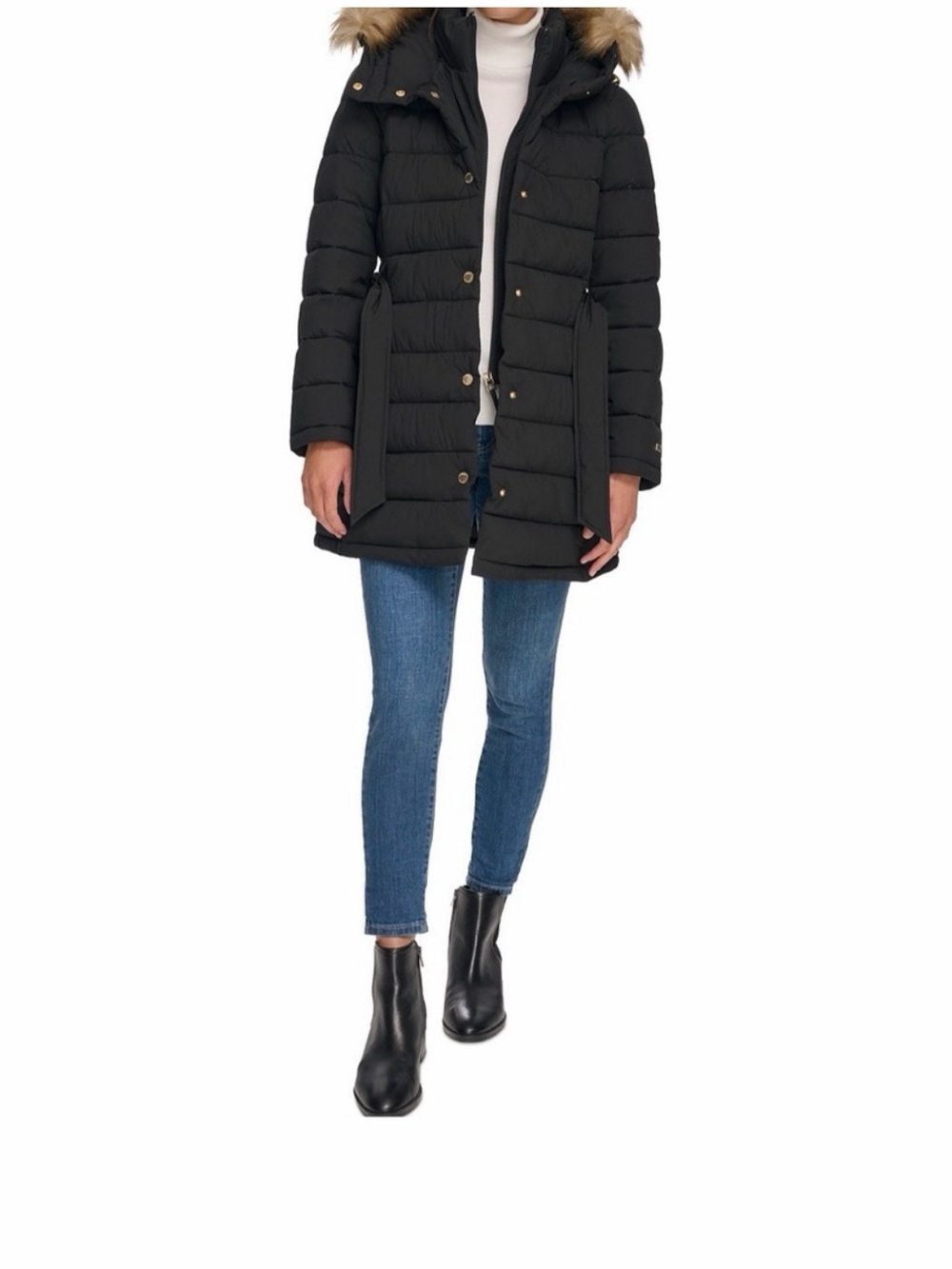 Tommy Hilfiger Belted Faux Fur Trim Hooded Puffer Coat size M winter preppy